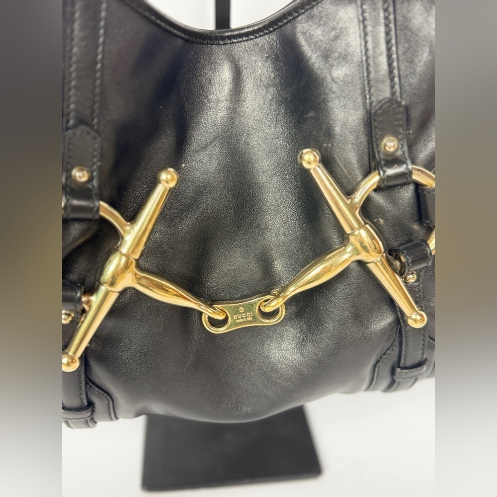 GUCCI Vintage BLACK LEATHER 85TH ANNIVERSARY GG MONOGRAM HOBO BAG - Picture 3 of 15